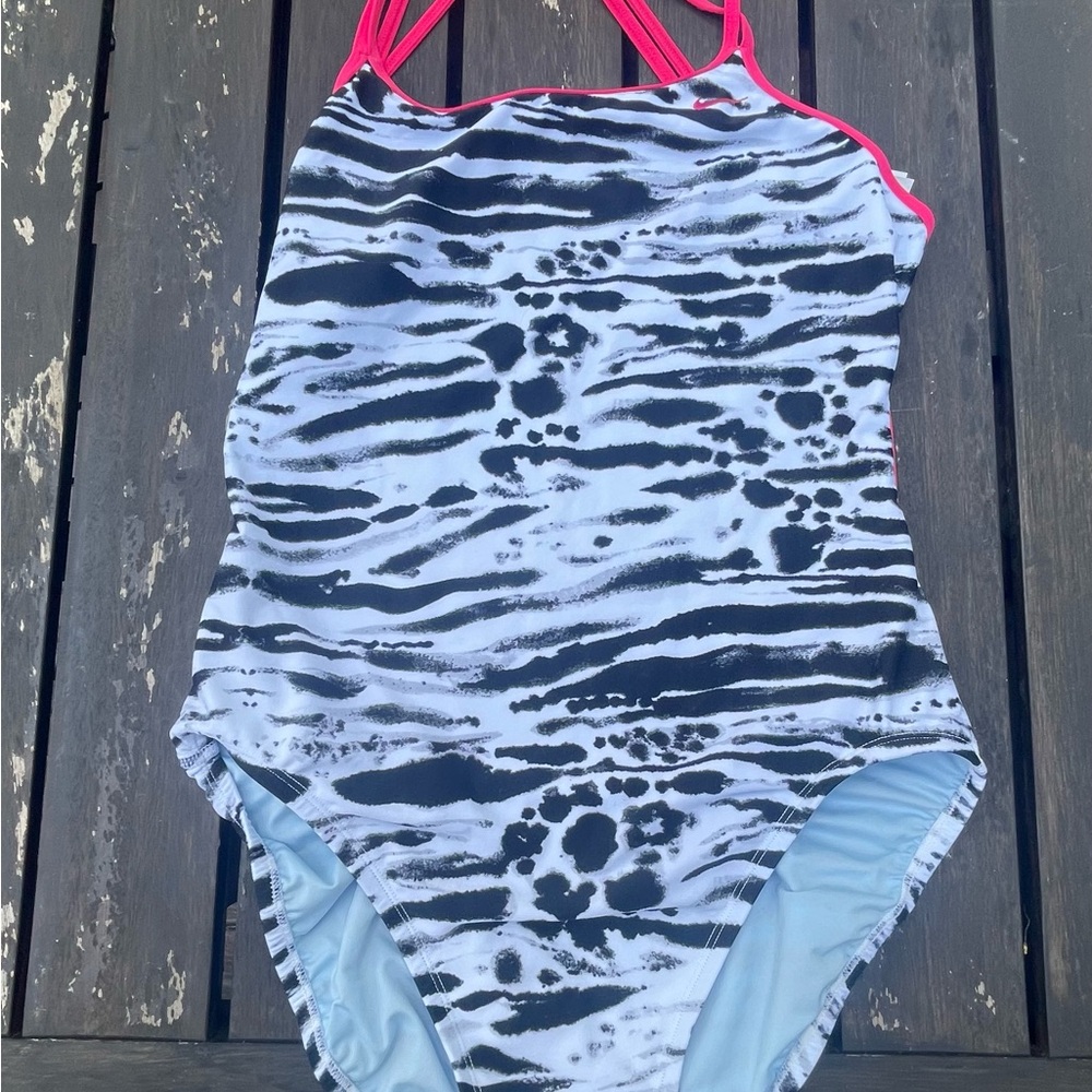 Nike Girls Black & White Zebra One-Piece Swimsuit with Hot Pink Trim